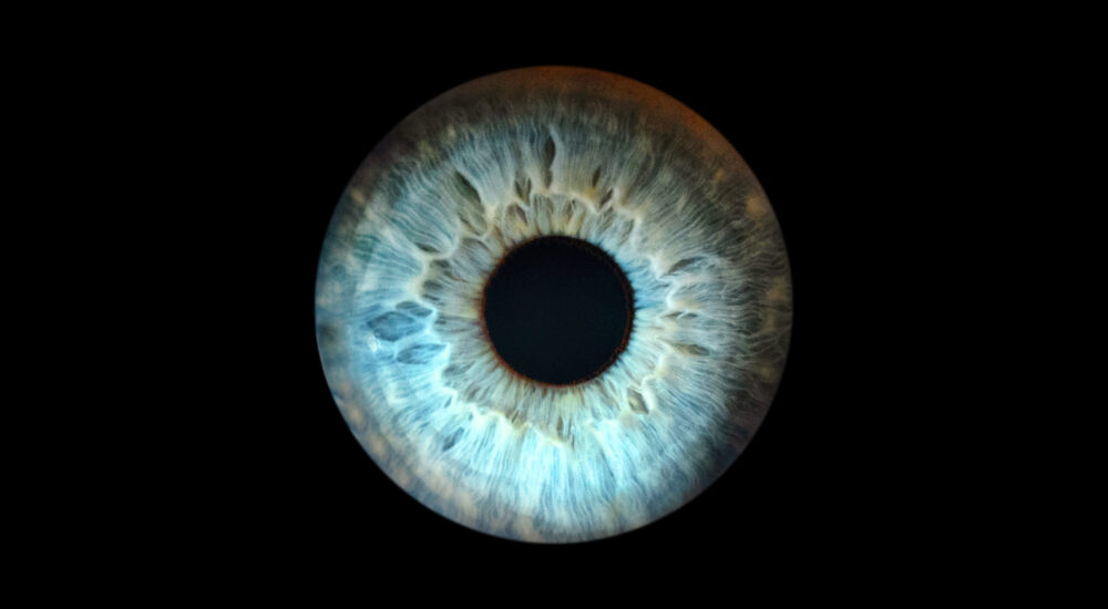 Macro shot of female eye, iris, cropped on black background, usable as creative background